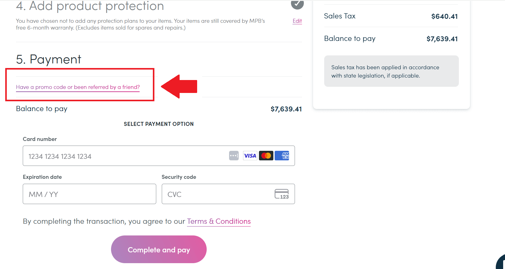 A screenshot showing the MPB checkout page and where to enter your promo code