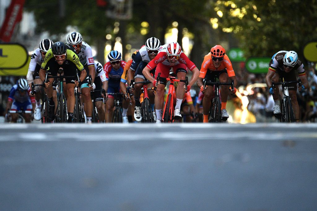 LYON FRANCE SEPTEMBER 12 Arrival Sprint Luka Mezgec of Slovenia and Team Mitchelton Scott Peter Sagan of Slovakia and Team Bora Hansgrohe Jasper Stuyven of Belgium and Team Trek Segafredo Simone Consonni of Italy and Team Cofidis Solutions Credits Matteo Trentin of Italy and CCC Team Oliver Naesen of Belgium and Team Ag2R La Mondiale during the 107th Tour de France 2020 Stage 14 a 194km stage from ClermontFerrand to Lyon TDF2020 LeTour on September 12 2020 in Lyon France Photo by AnneChristine Poujoulat PoolGetty Images