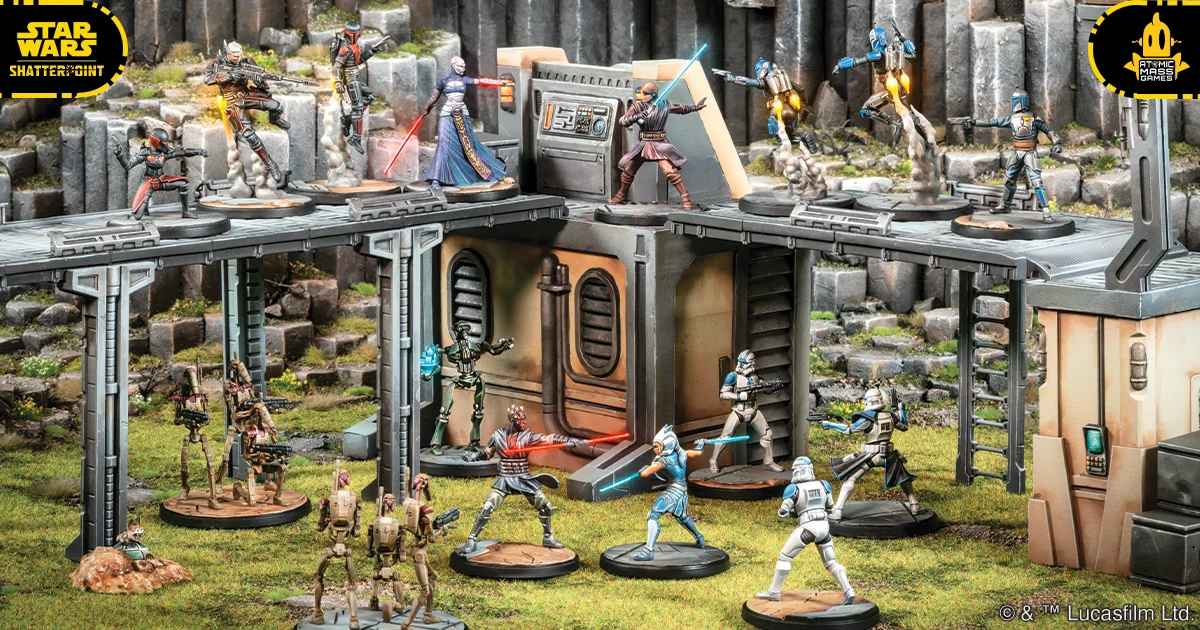 A battle in Star Wars Shatterpoint, with Asajj Ventress and Lord Maul fighting Anakin Skywalker and Ahsoka Tano.