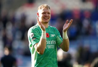 Arsenal goalkeeper Aaron Ramsdale salutes the fans after the Premier League match at the King Power Stadium, Leicester. Picture date: Saturday October 30, 2021