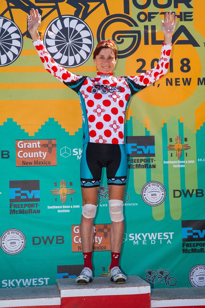 Edwige Pitel in the mountains jersey after stage 4 at Tour of the Gila