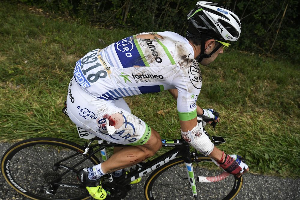 Argentina's Eduardo Sepulveda restarts after falling during the 181.5 km 9th stage of the 104th edition of the Tour de France