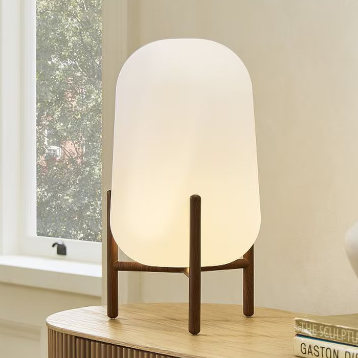 Lantern style table lamp with wooden base