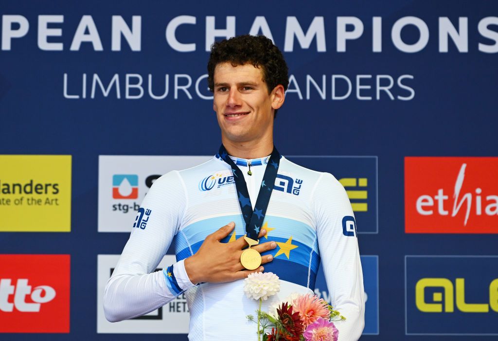 HASSELT BELGIUM SEPTEMBER 11 Gold medalist Alec Segaert of Team Belgium poses on the podium during the 30th UEC Road Cycling European Championships 2024 Mens U23 Individual Time Trial a 313km from HeusdenZolder to Hasselt UCIWT on September 11 2024 in Hasselt Belgium Photo by Luc ClaessenGetty Images