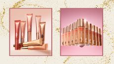 A gold sparkly frame containing an image of charlotte tilbury magic light wands and an image of several bottles of hollywood flawless filter, both on pink backdrops 