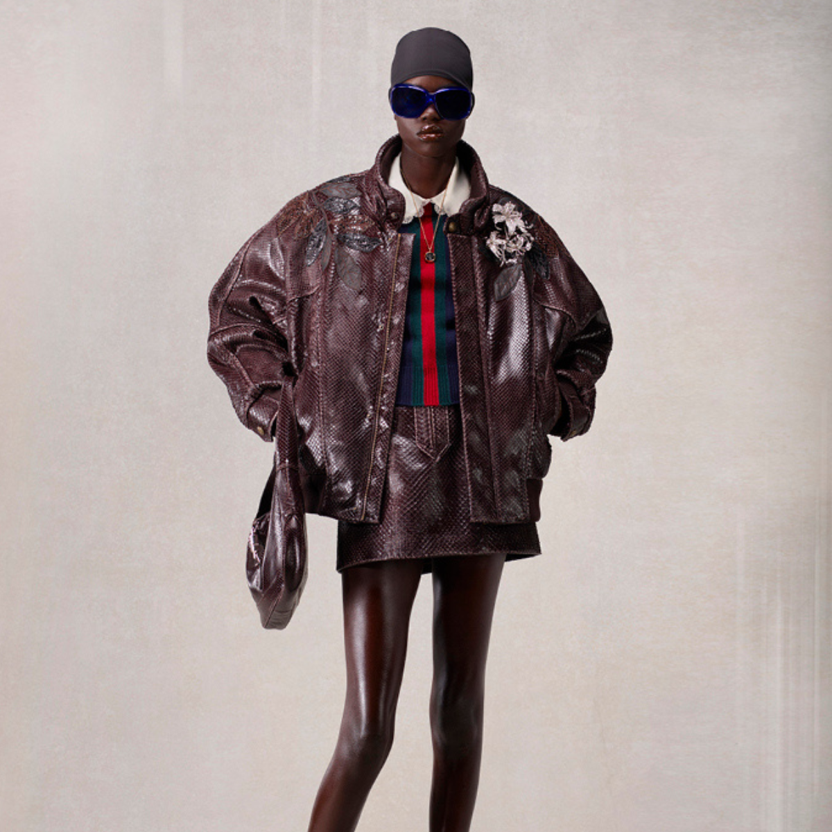 Demna Gucci lookbook - brown leather skirt and jacket look