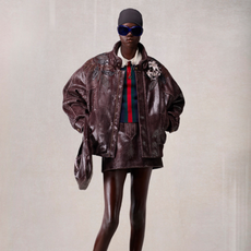 Demna Gucci lookbook - brown leather skirt and jacket look