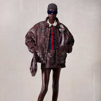 Demna Gucci lookbook - brown leather skirt and jacket look