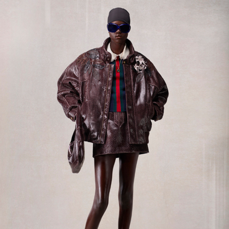 Demna Gucci lookbook - brown leather skirt and jacket look