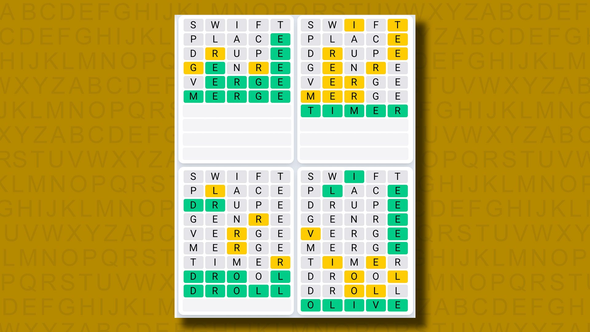 Quordle Daily Sequence answers for game 1283 on a yellow background