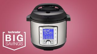 The Instant Pot Duo Evo Plus on a pink background