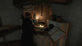 KCD 2 money - Henry brewing potions at a stove with a book nearby.