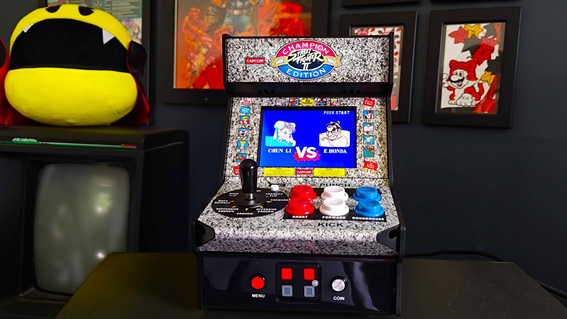My Arcade Street Fighter 2 arcade machine sitting on CRT TV