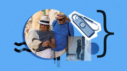 Photo collage of an older couple on holiday, discovering a missing wallet; a young woman opening her hotel door; and a product shot of a Birdie alarm device