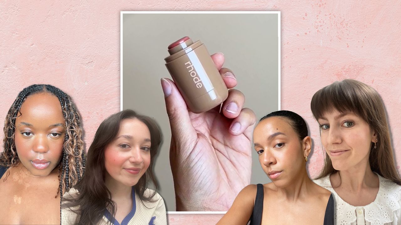 a collage of Marie Claire editors wearing different shades of Rhode blush around another editor holding up a Rhode blush bottle