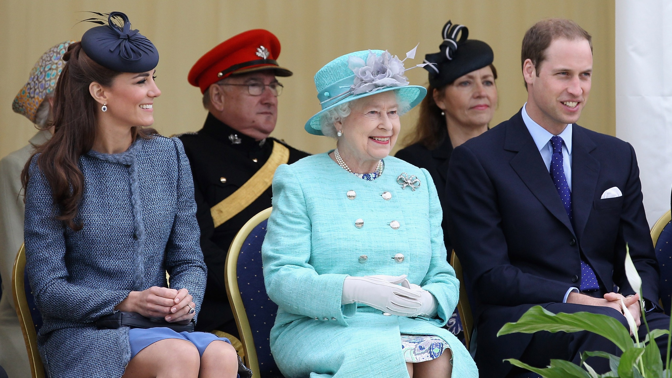 Catherine, Princess of Wales, Prince William and Queen Elizabeth II smile as they visit Vernon Park during a Diamond Jubilee visit to Nottingham on June 13, 2012