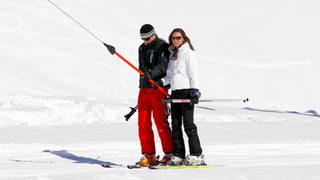 Prince William and girlfriend Kate Middleton use a T-bar drag lift whilst on a skiing holiday on March 19, 2008 in Klosters, Switzerland