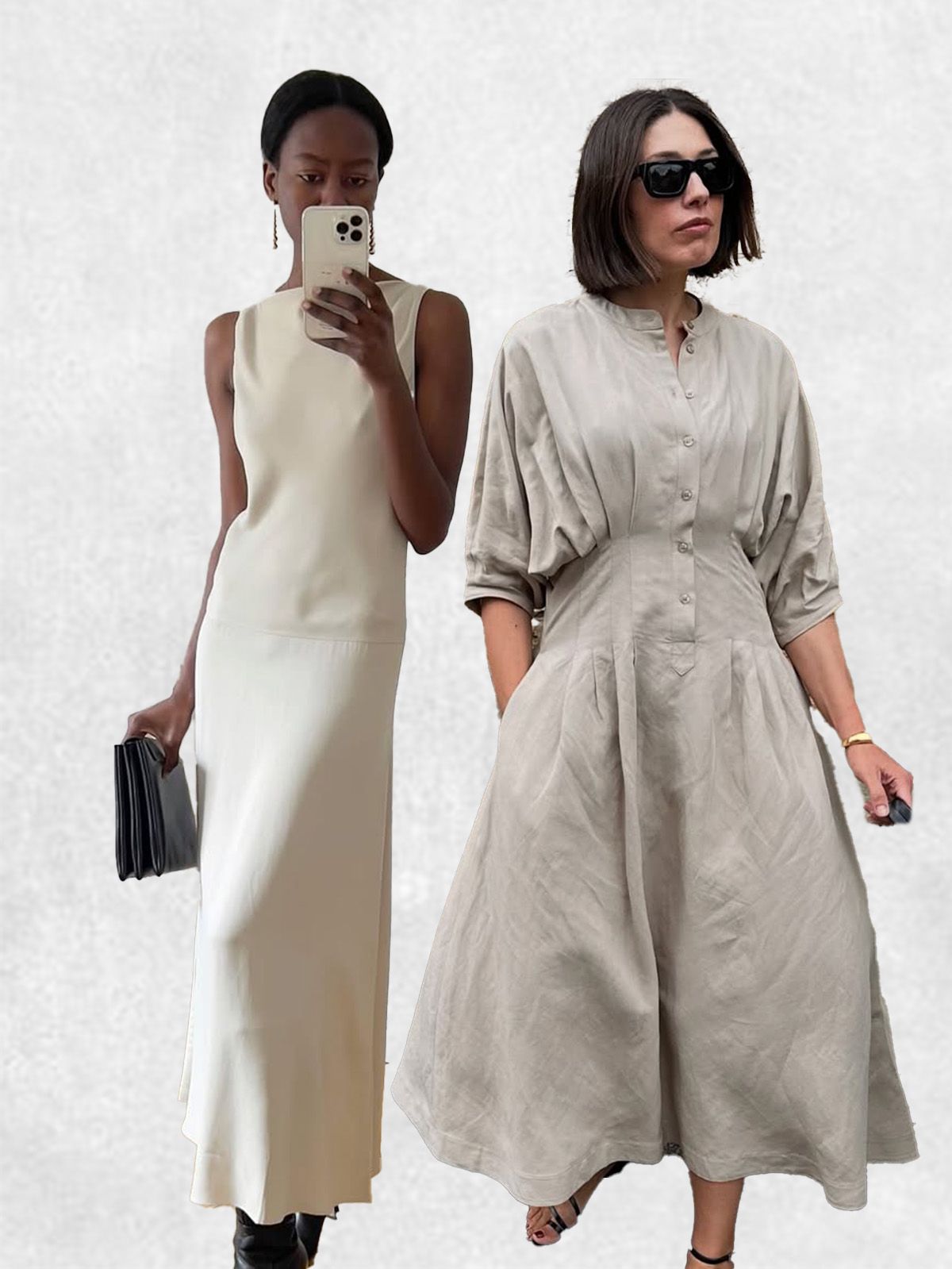 Two women wearing high-neck dresses.