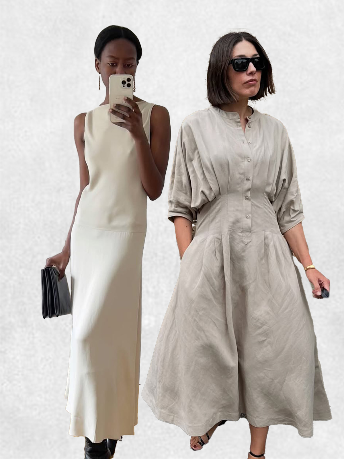 Two women wearing high-neck dresses.