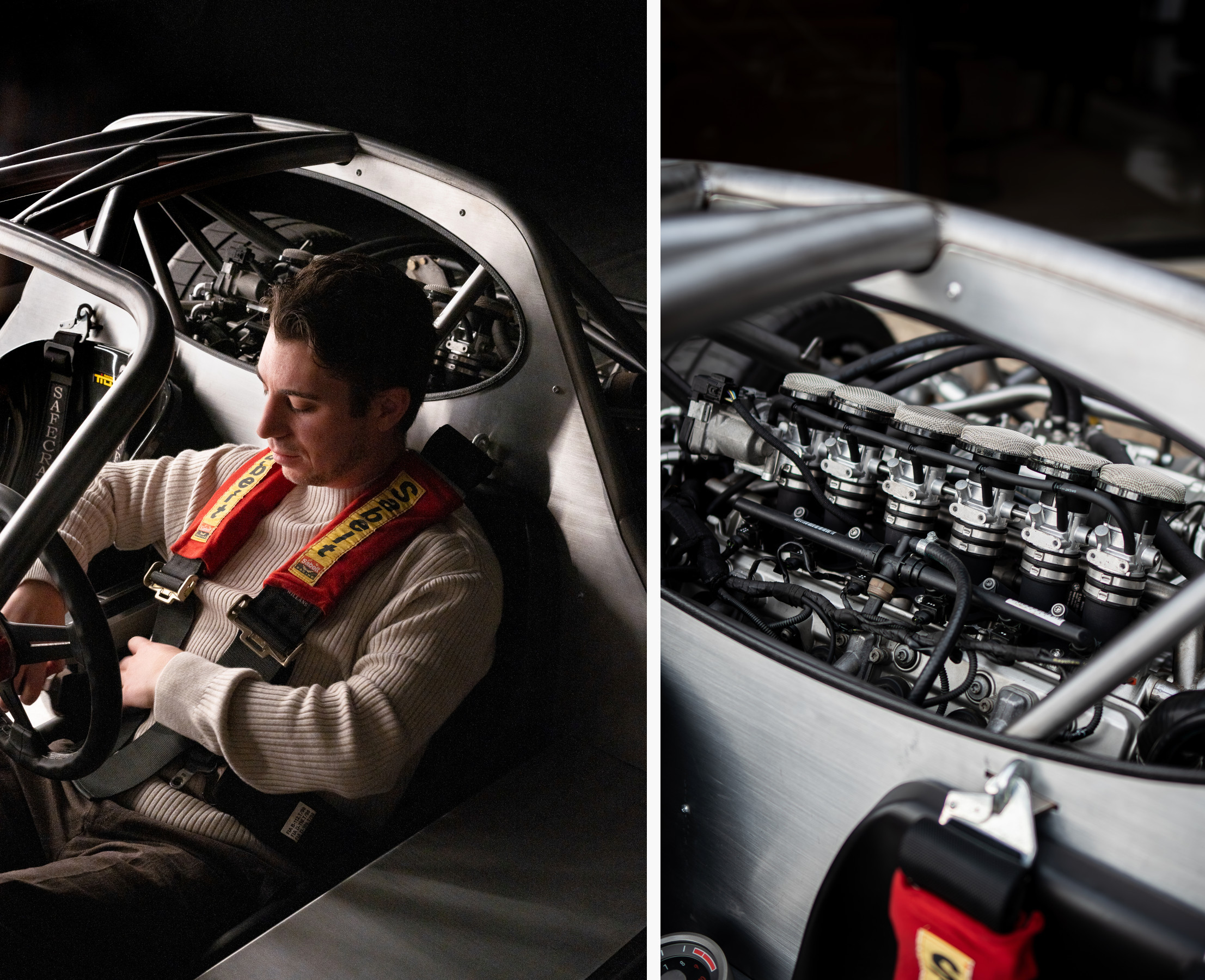 Spencer Beckman (left) in the LM Coupe prototype, powered by a BMW straight six (right)