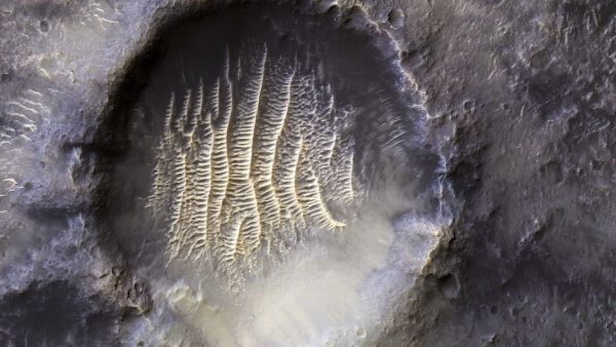 An image of the Airy-0 crater on Mars taken by the using the High-Resolution Imaging Science Experiment on NASA's Mars Reconnaissance Orbiter Sept. 8, 2021.