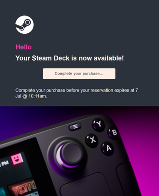 Steam Deck reservation order email
