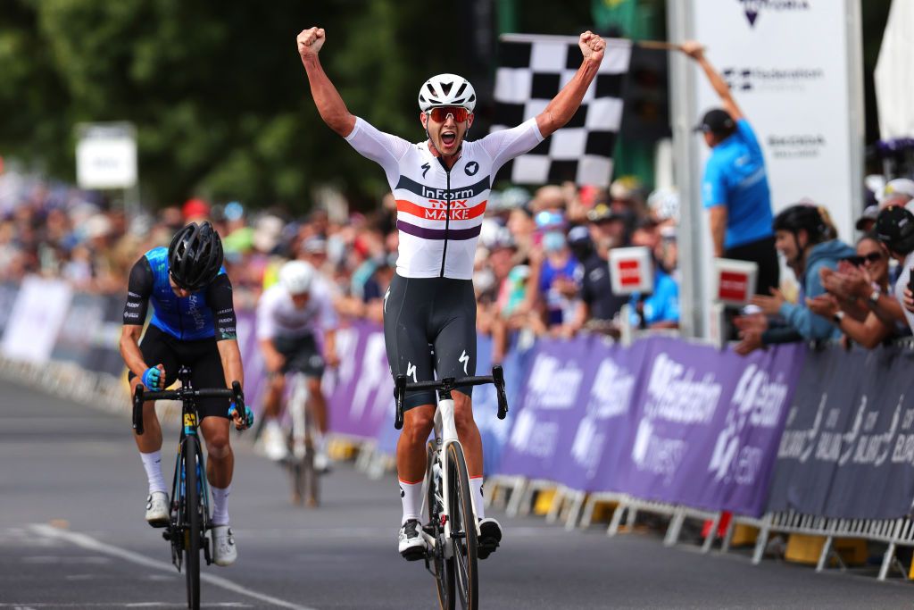 BALLARAT AUSTRALIA JANUARY 15 Blake Quick of Australia celebrates at finish line as race winner ahead of Mathew Dinham of Australia during the Australian Cycling National Championships 2022 Mens U23 Road Race a 1392km race from Ballarat to Ballarat AusCyclingAus on January 15 2022 in Ballarat Australia Photo by Con ChronisGetty Images