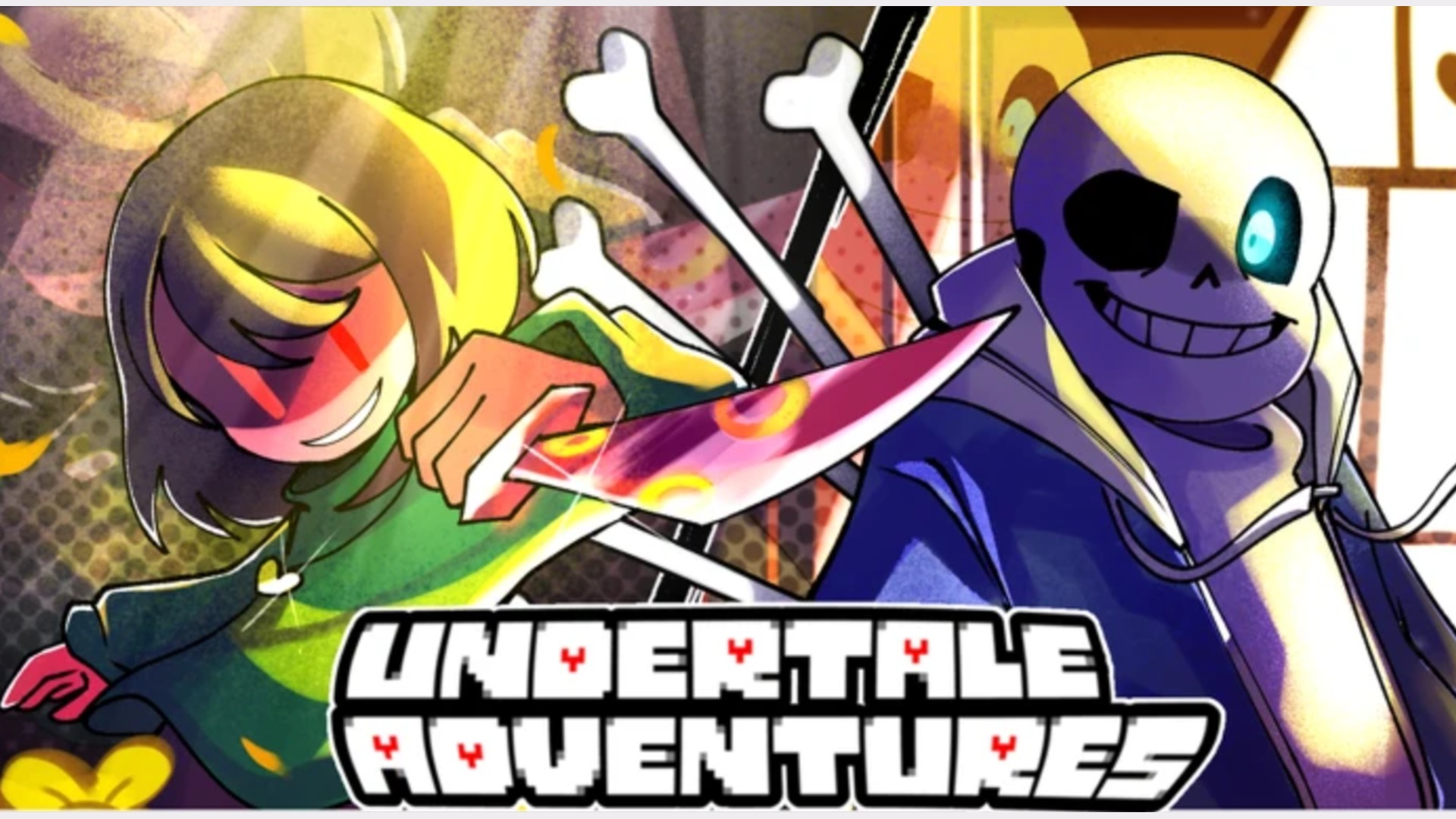 Two characters smile in a promotional image for Undertale Adventures X on Roblox.