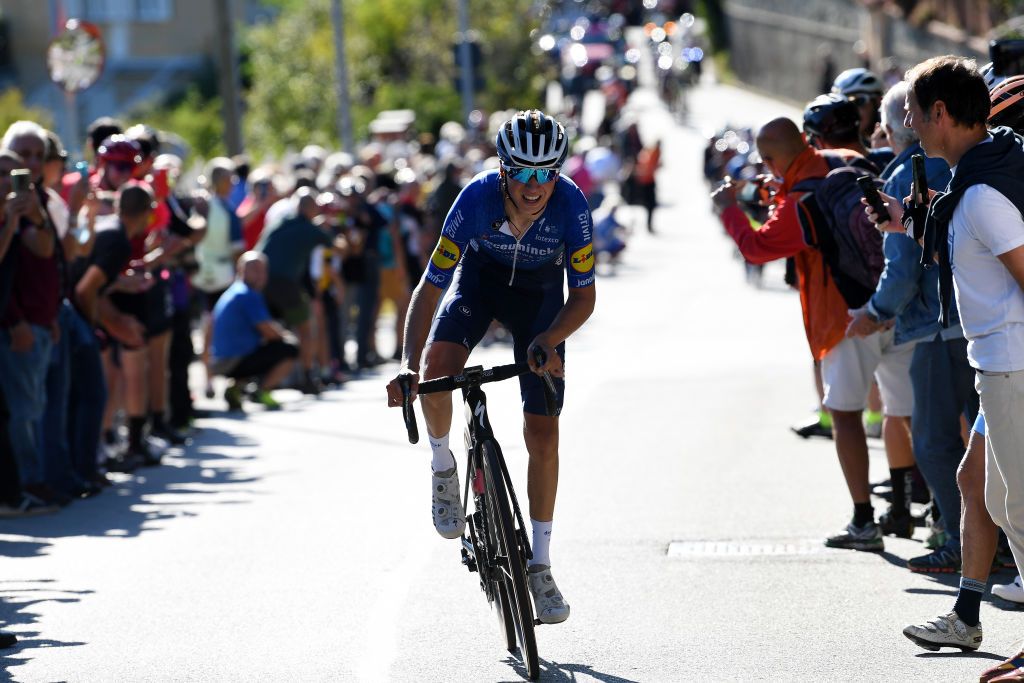 MILAN ITALY OCTOBER 06 Mauri Vansevenant of Belgium and Team Deceuninck QuickStep attacks in the breakaway during the 102nd MilanoTorino 2021 a 190km race from Magenta to Torino Superga 669m MilanoTorino on October 06 2021 in Milan Italy Photo by Tim de WaeleGetty Images
