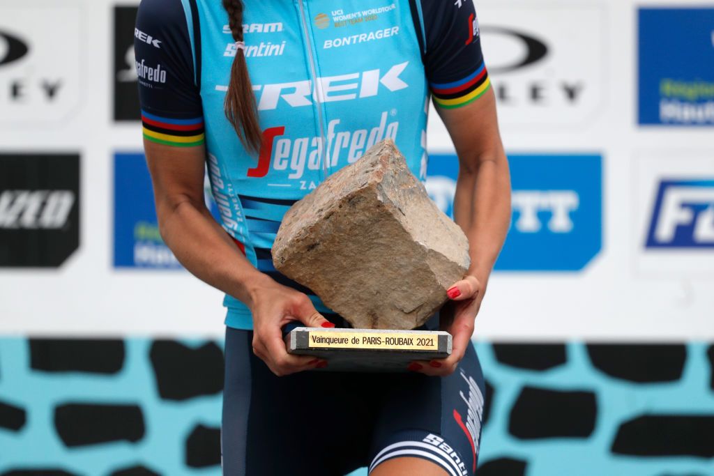 ROUBAIX FRANCE OCTOBER 02 Detailed view of Elisabeth DeignanArmitstead of United Kingdom and Team Trek Segafredo holding the trophy on the podium ceremony after the 1st ParisRoubaix 2021 Womens Elite a 1164km race from Denain to Roubaix ParisRoubaixFemmes ParisRoubaix on October 02 2021 in Roubaix France Photo by Bas CzerwinskiGetty Images