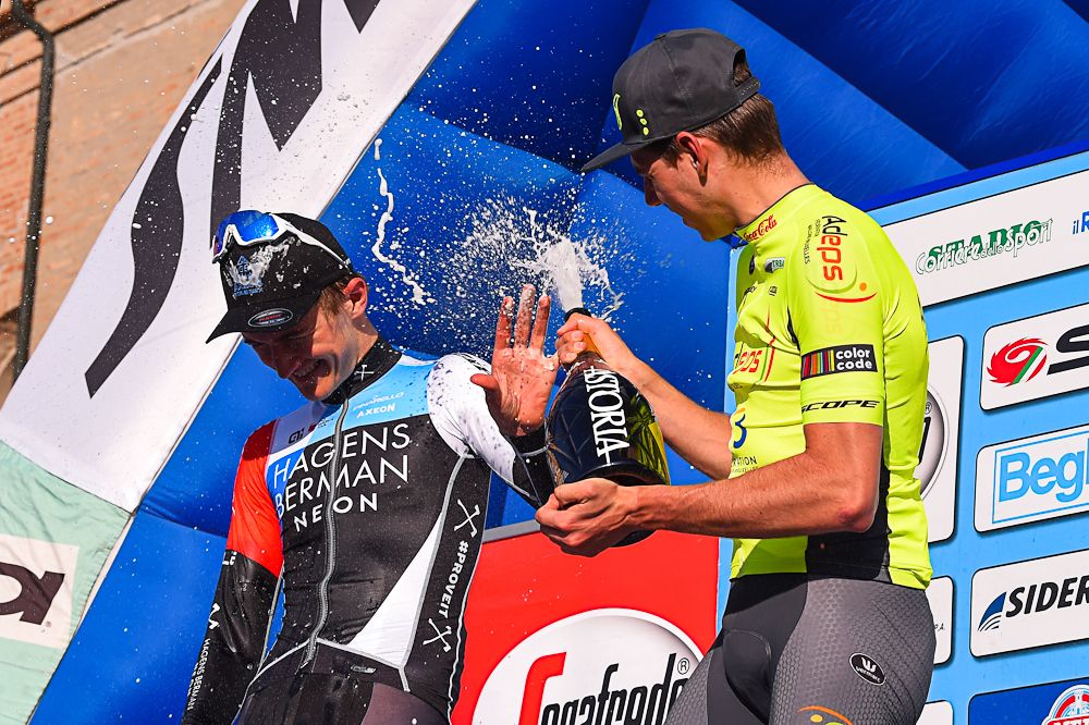 Mikke Bjerg and Ludovic Robeet on the stage 4 podium at Coppi e Bartali