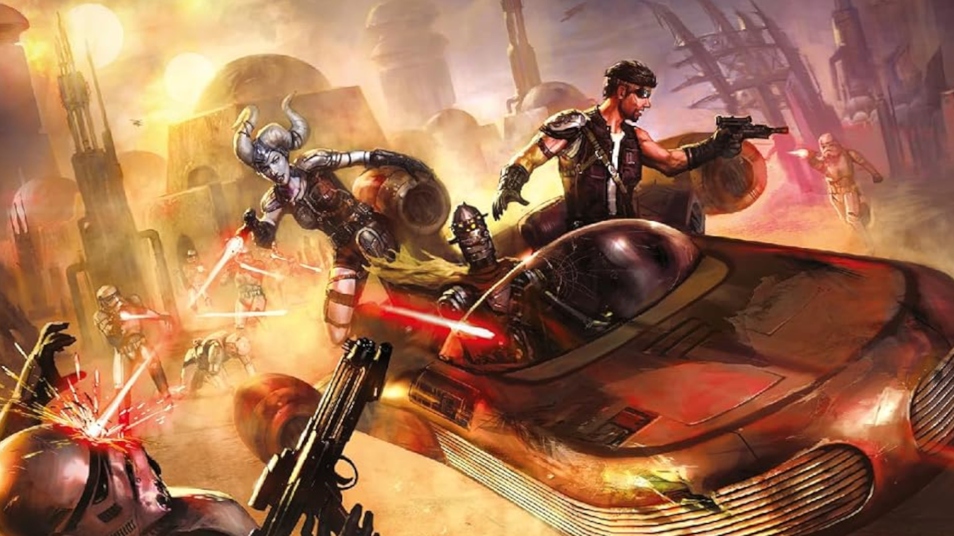 A group of scoundrels on a speeder firing at Stormtroopers on Tatooine