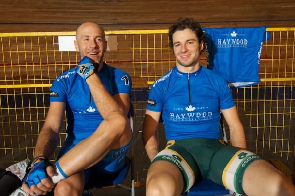 Super pro Svein Tuft and World Cup superstar Zach Bell contemplate the night's racing.