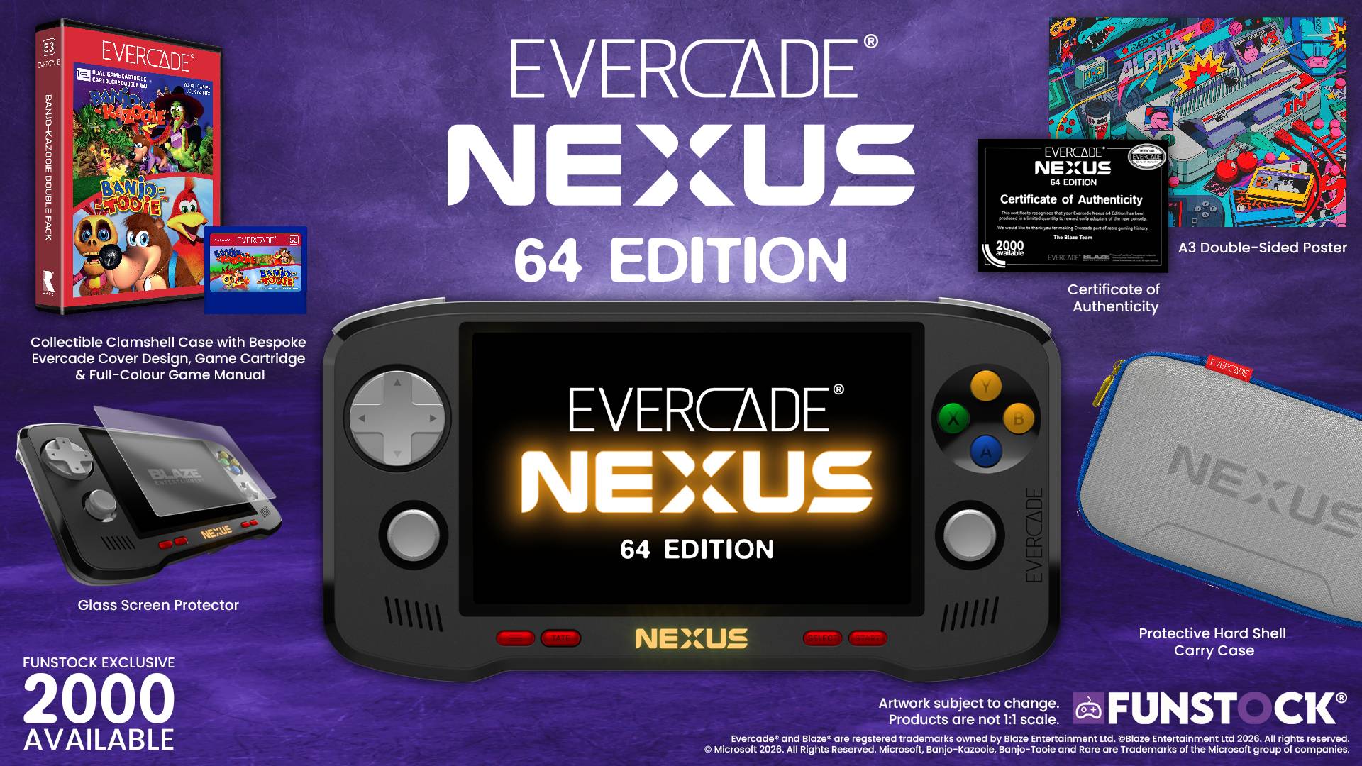 Evercade Nexus 64 Edition surrounded by bonus game box on top left, screen protector on bottom left, poster and certificate of authenticity on top right, and hard shell carry case on bottom right.