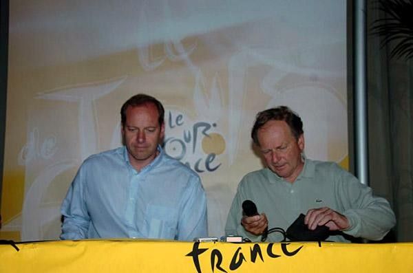 Patrice Clerc (right), ASO President, gets ready to speak next to Christian Prudhomme, Tour Director