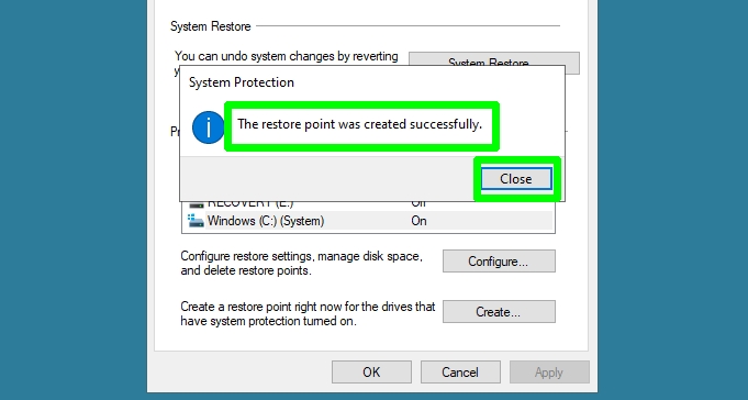 how to use system restore in Windows 10 - success