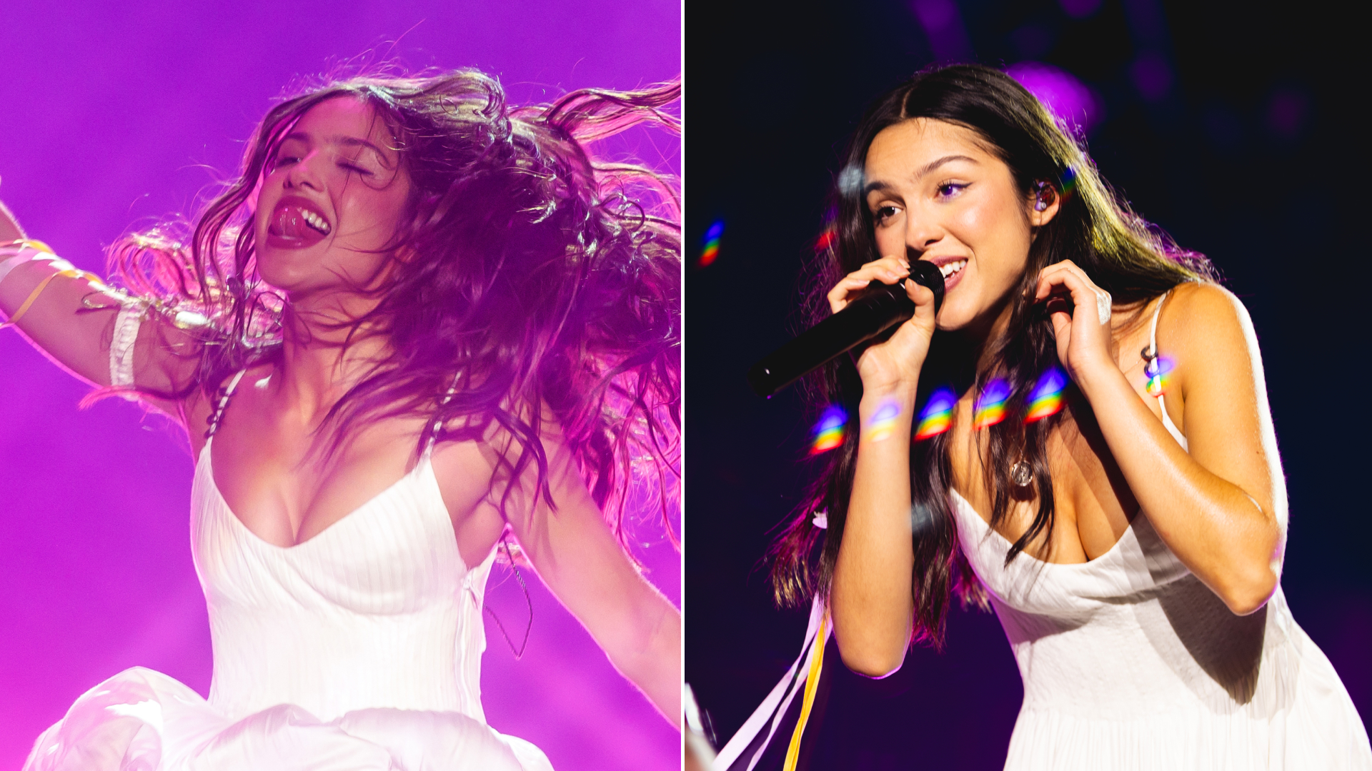 Olivia Rodrigo wears a white lacy dress with a white daisy in her hair to perform at Daisy Chain Fields