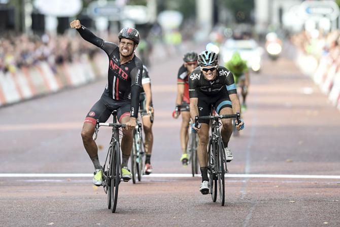 Adam Blythe (NFTO) wins the race crossing the finish line on the Mall in London