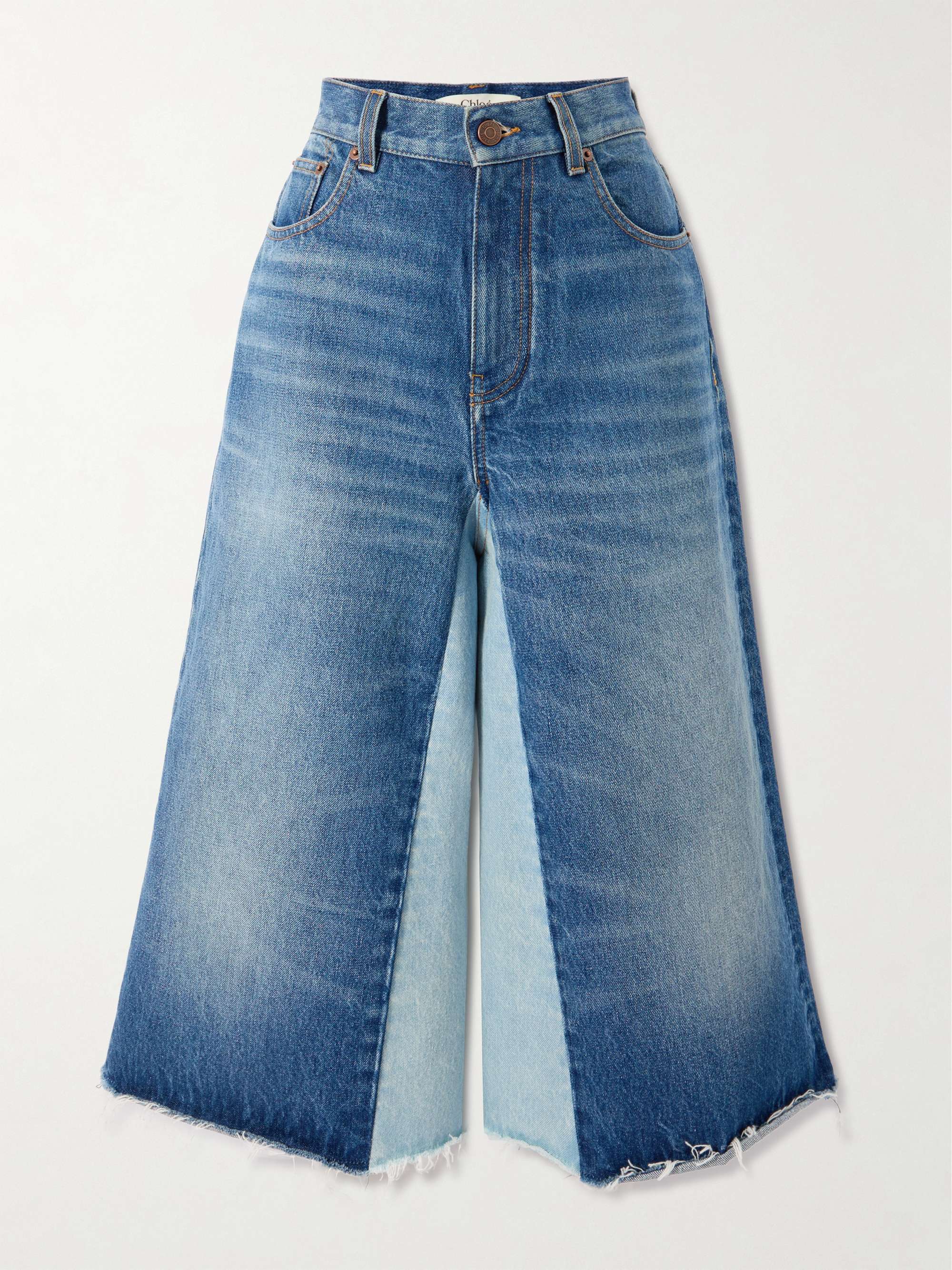 Frayed Patchwork Denim Wide-Leg Culottes