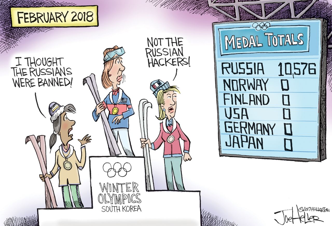 Political cartoon U.S. 2018 Olympics Russia banned hackers