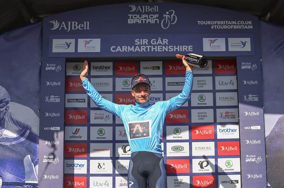 Picture by SWpix.com - 07/09/2021 - Cycling - AJ Bell Tour of Britain Stage 3 - Carmarthenshire Team Time Trial - Llandeilo to National Botanic Garden of Wales, Wales - INEOS Grenadiers' Ethan Hayter takes the Sportsbreaks points jersey after the team time trial.