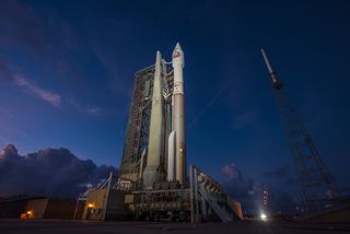 A United Launch Alliance Atlas V rocket carrying the classified NROL-52 spy satellite for the U.S. National Reconnaissance Office stands atop a launchpad at the Cape Canaveral Air Force Station in Florida for an Oct. 14, 2017 launch.