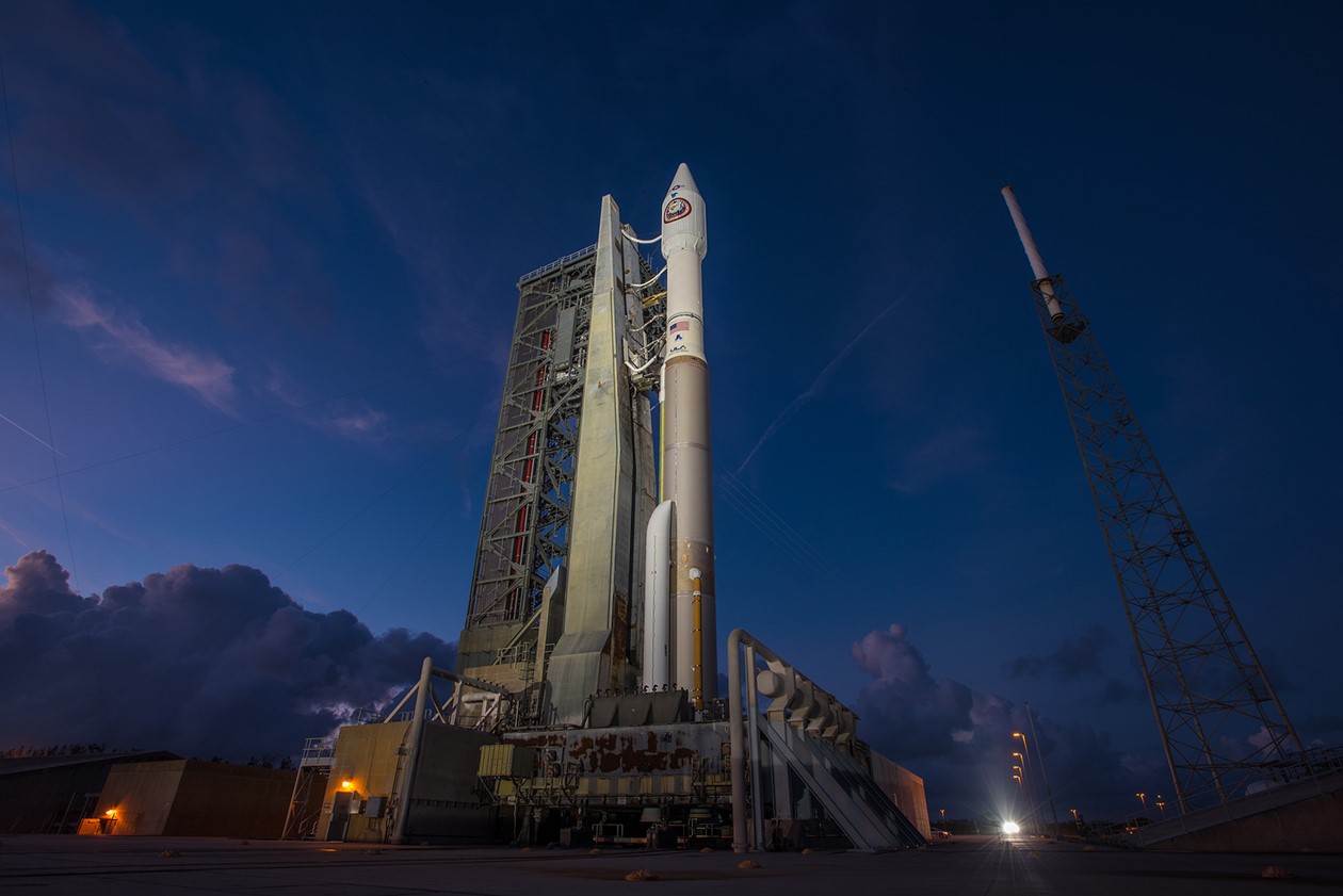 A United Launch Alliance Atlas V rocket carrying the classified NROL-52 spy satellite for the U.S. National Reconnaissance Office stands atop a launchpad at the Cape Canaveral Air Force Station in Florida for an Oct. 14, 2017 launch.