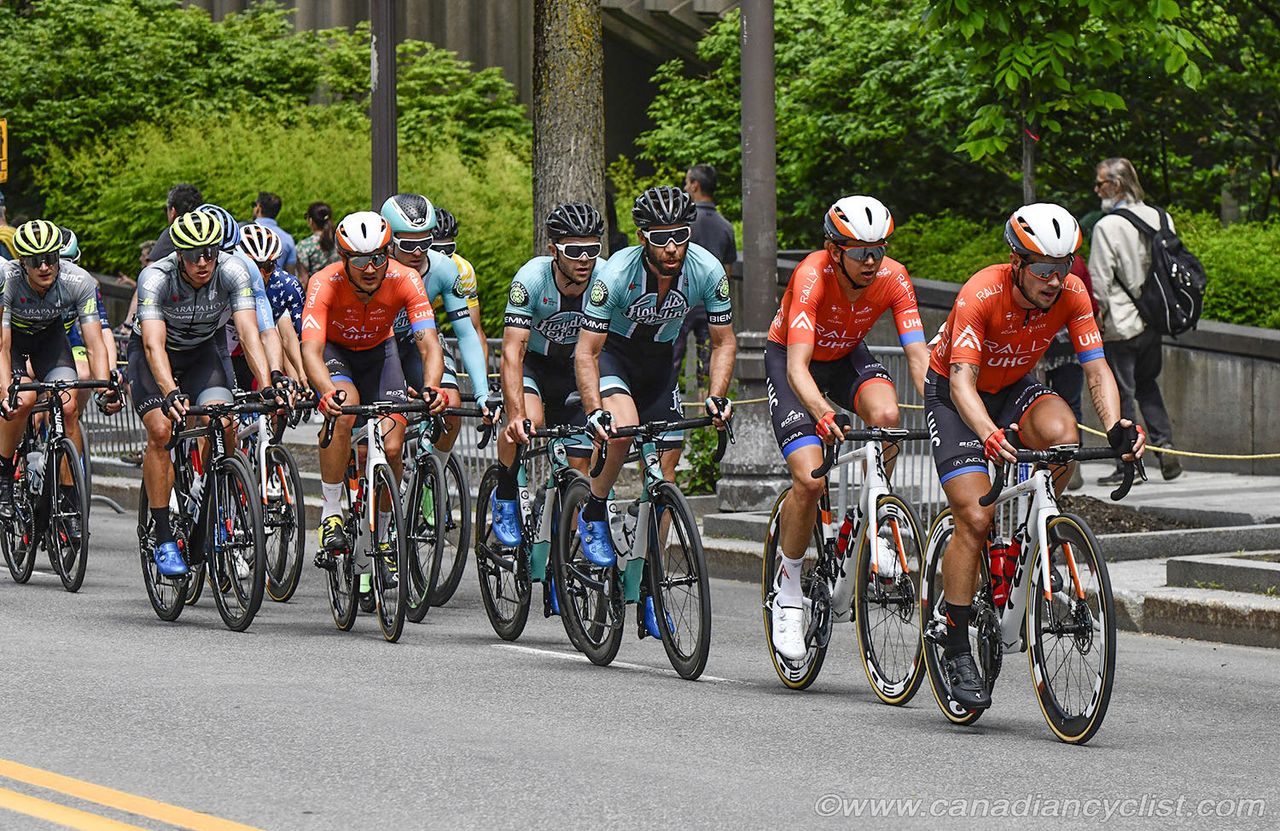 Floyd's Pro Cycling Team and Rally UHC Cycling share the load of the chase.