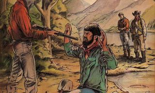 A prospector kneels in front of a robber