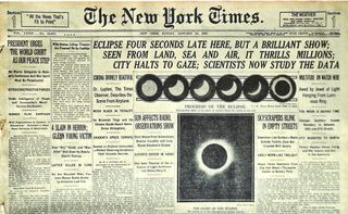 Front page of The New York Times of January 25, 1925 displaying a banner headline about the total solar eclipse that passed over New York City the previous day. The "All the News That's Fit to Print" newspaper was full of eclipse stories on their first five pages.