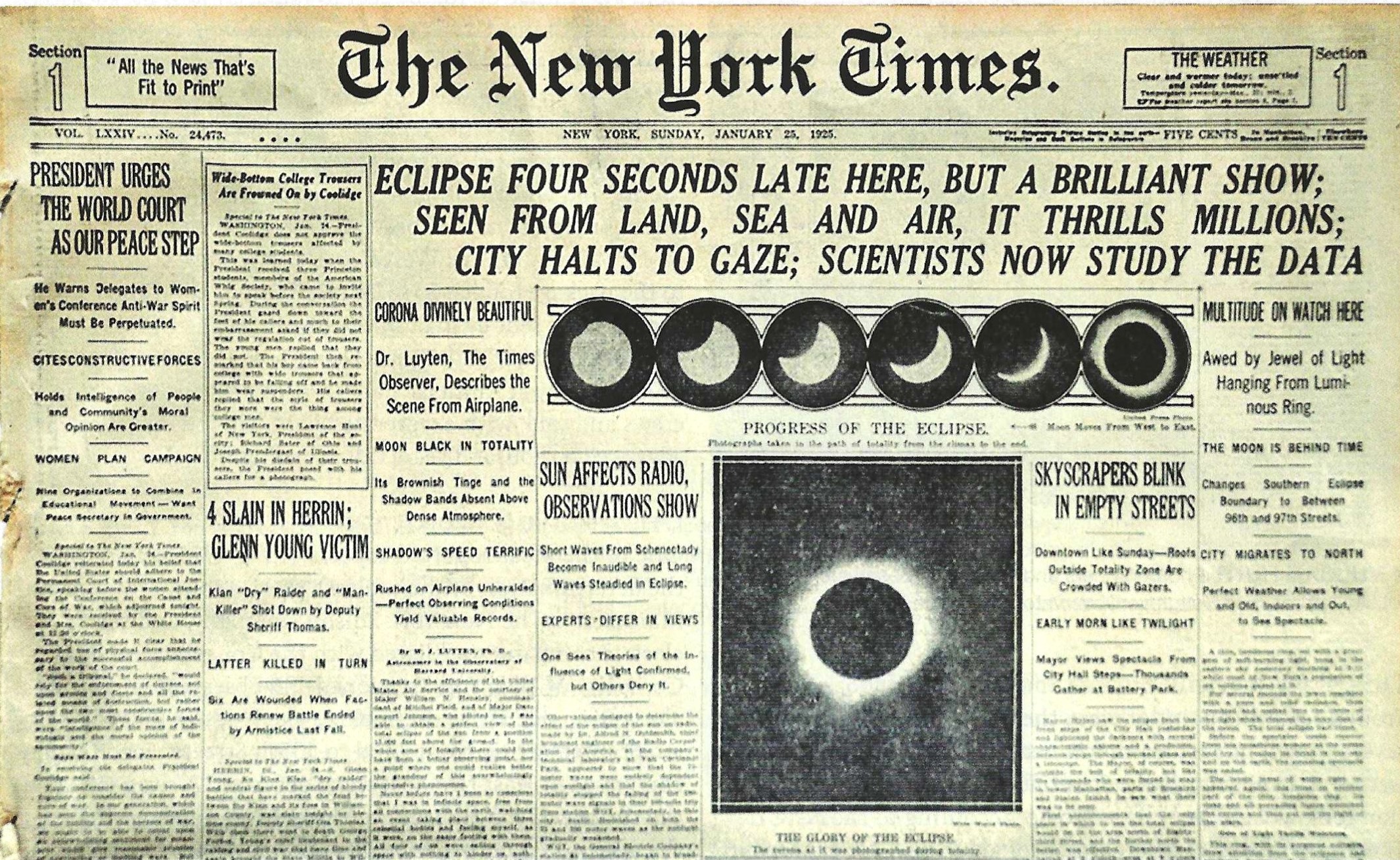 Front page of The New York Times of January 25, 1925 displaying a banner headline about the total solar eclipse that passed over New York City the previous day. The 