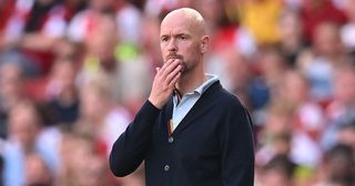 Manchester United manager Erik ten Hag gestures on the touchline during the English Premier League football match between Arsenal and Manchester United at the Emirates Stadium in London on September 3, 2023.
