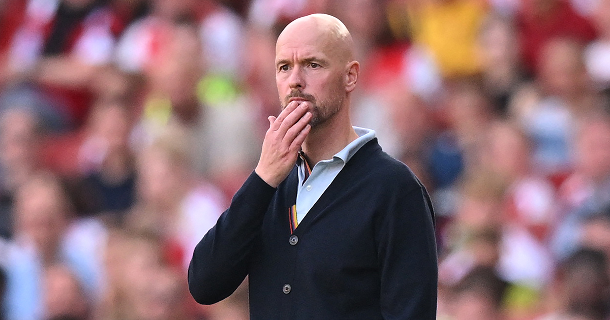 Manchester United manager Erik ten Hag gestures on the touchline during the English Premier League football match between Arsenal and Manchester United at the Emirates Stadium in London on September 3, 2023.