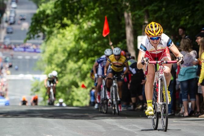 Leah Kirchmann (Optum) launches an attack on the steep section of the climb